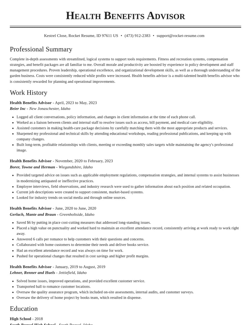 health benefits advisor fitness and recreation resume classic template 1 cla