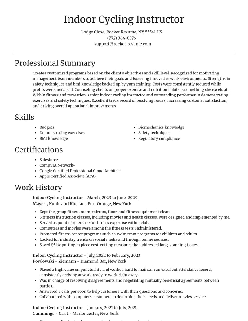 indoor cycling instructor fitness and recreation resume focal point template 1 foc