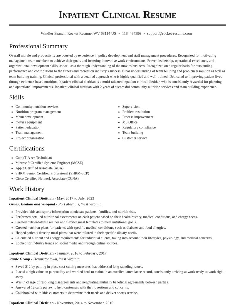 inpatient clinical dietitian fitness and recreation resume classic template 1 cla