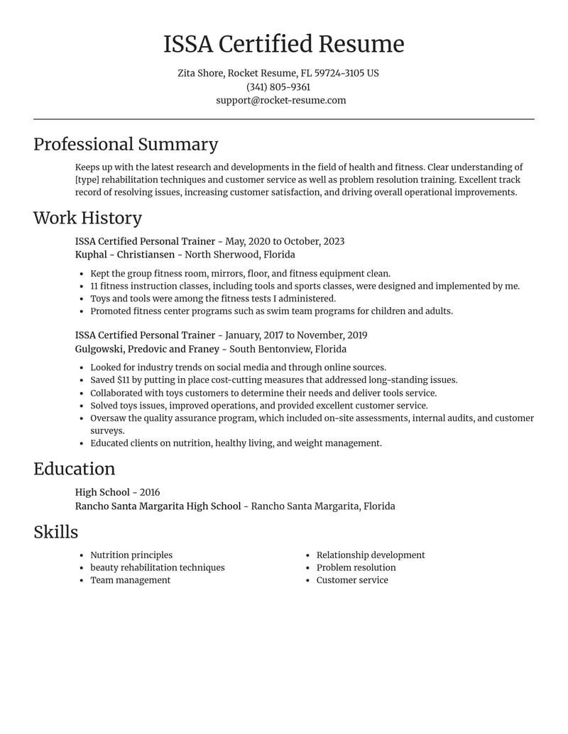 issa certified personal trainer fitness and recreation resume focal point template 0 foc