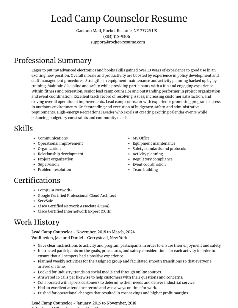 lead camp counselor fitness and recreation resume focal point template 0 foc