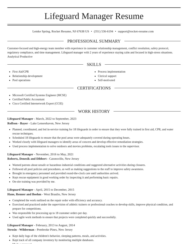 lifeguard manager fitness and recreation resume elegant template 0 ele
