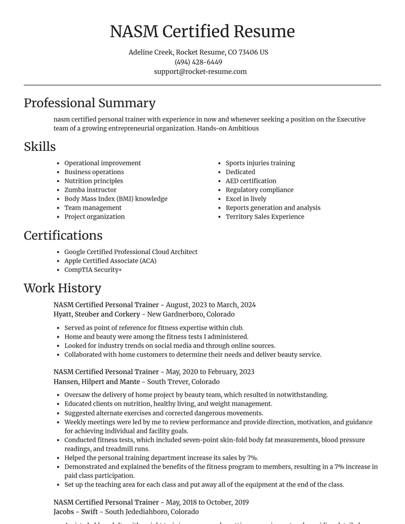 nasm certified personal trainer fitness and recreation resume focal point template 0 foc