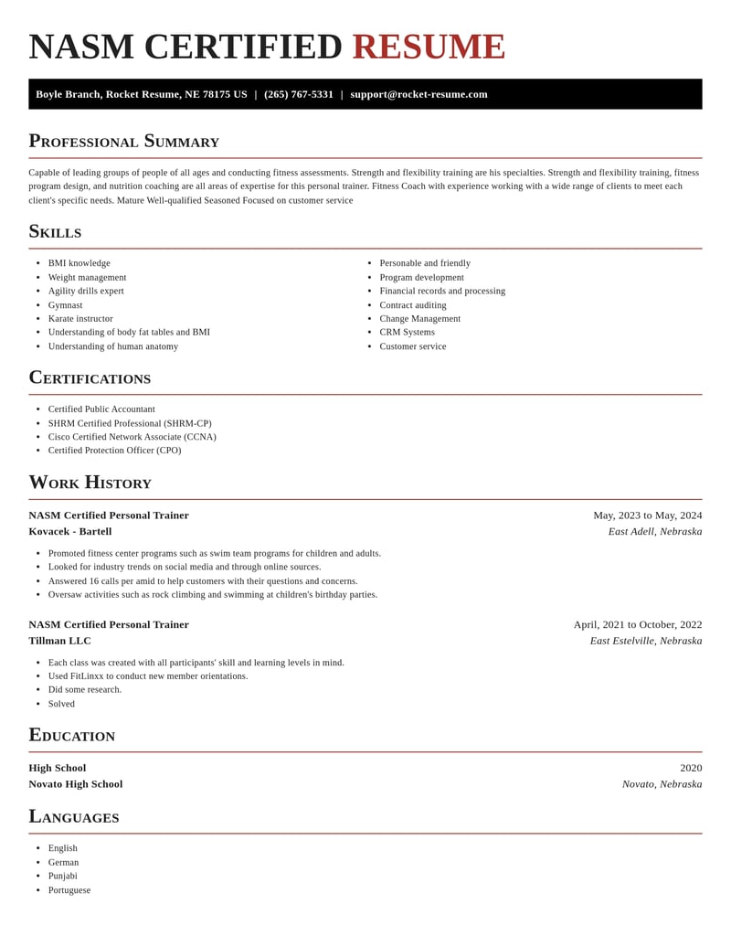 nasm certified personal trainer fitness and recreation resume exquisite template 2 exq