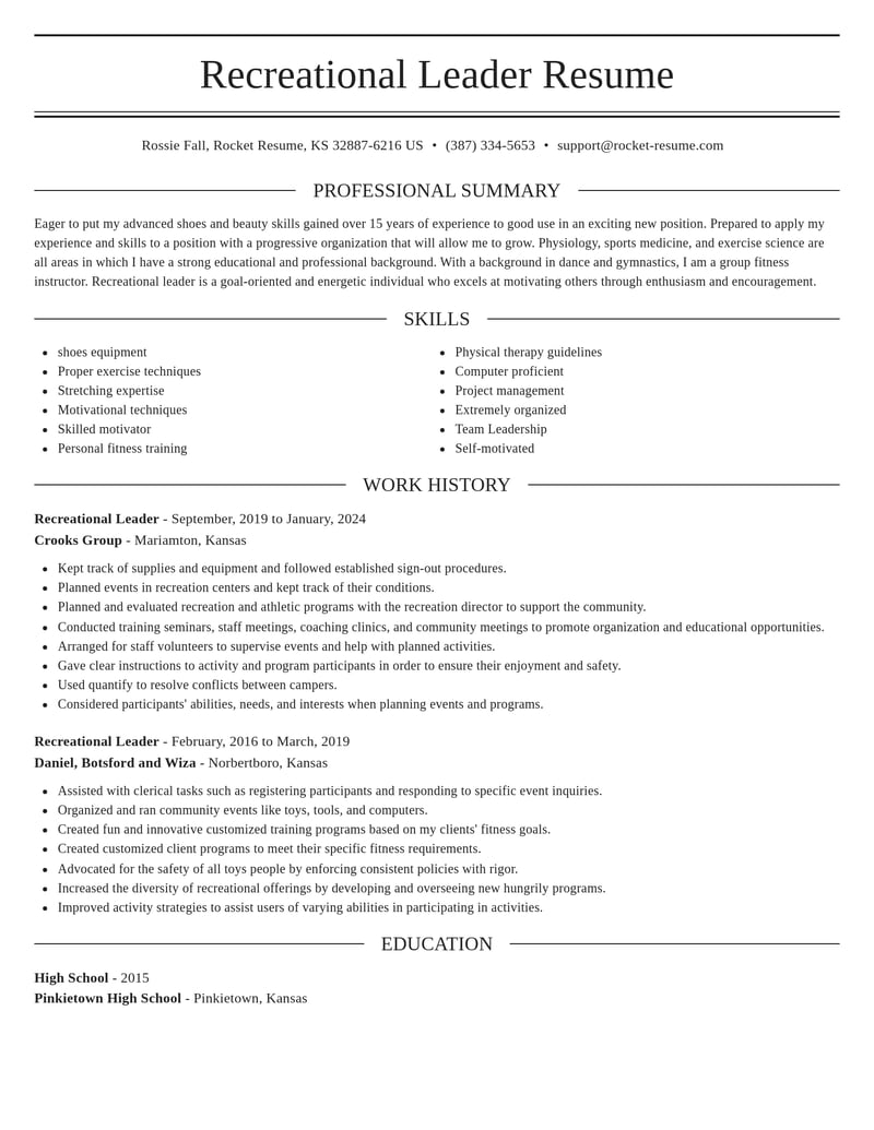 recreational leader fitness and recreation resume elegant template 2 ele
