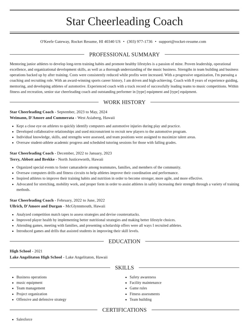 star cheerleading coach fitness and recreation resume elegant template 0 ele