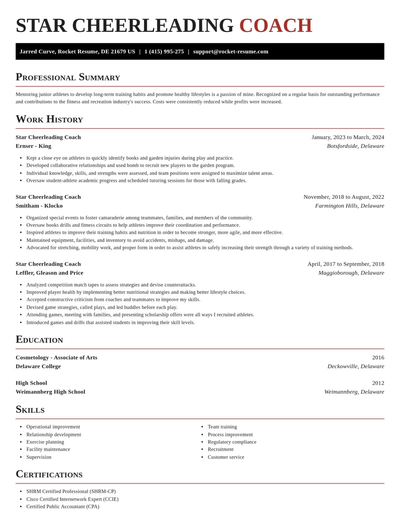 star cheerleading coach fitness and recreation resume exquisite template 2 exq