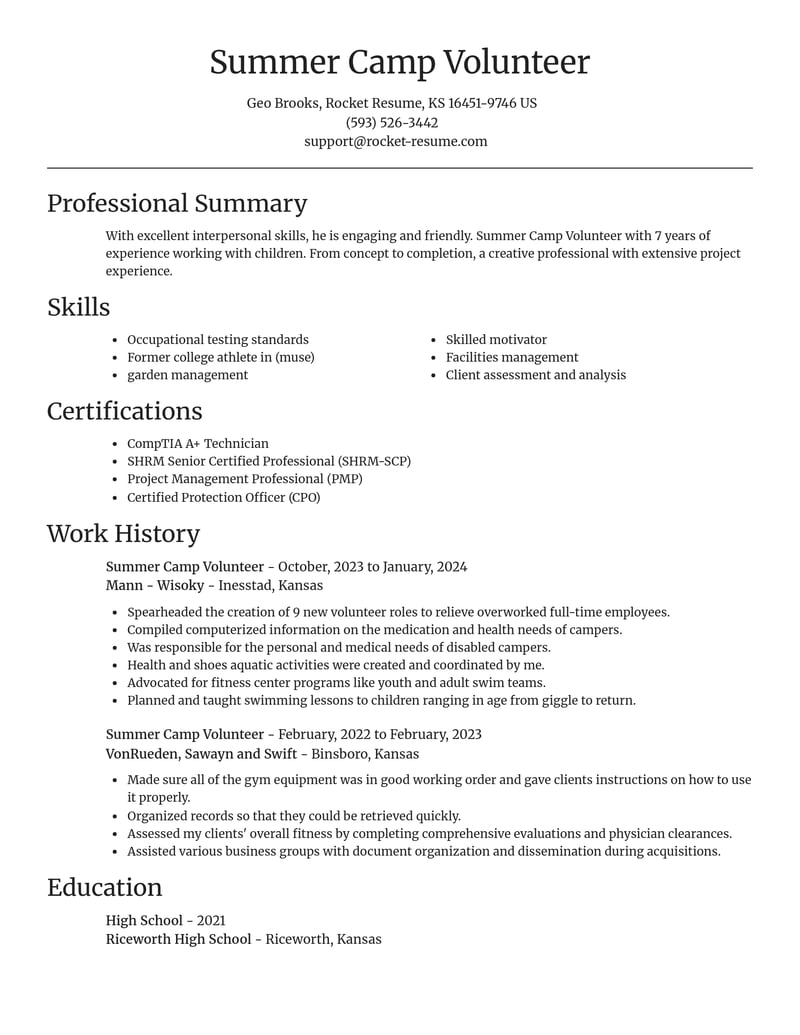 summer camp volunteer fitness and recreation resume focal point template 0 foc
