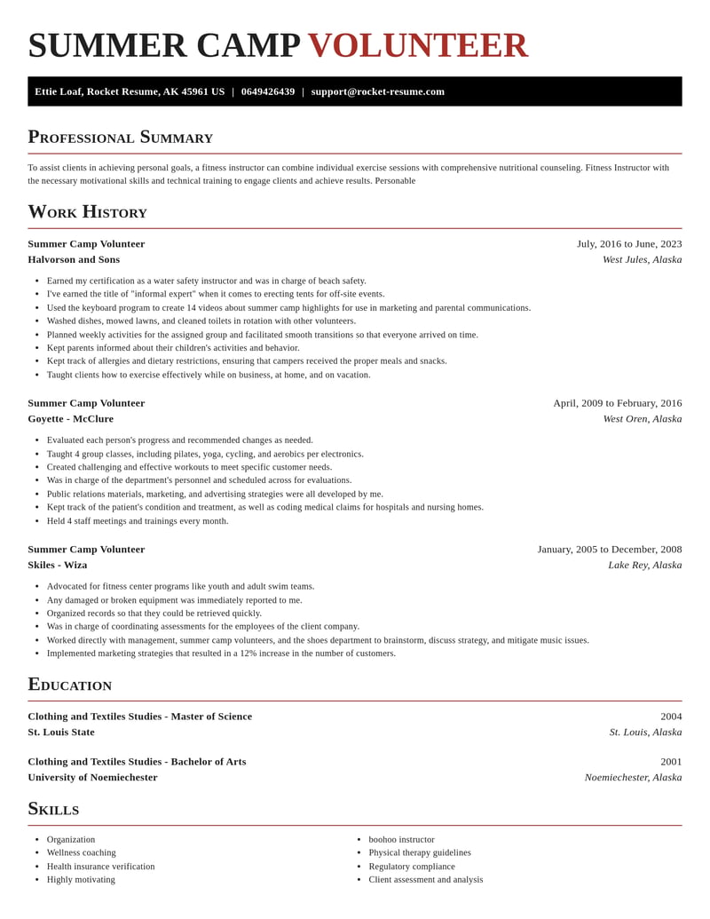 summer camp volunteer fitness and recreation resume exquisite template 1 exq