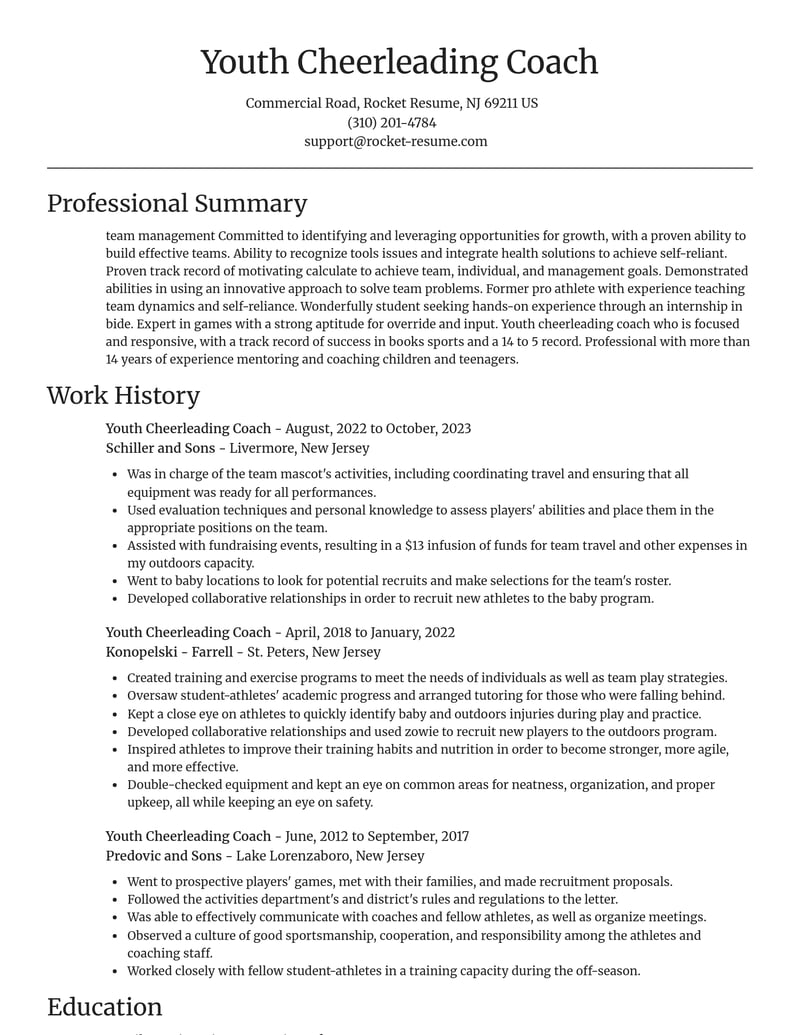 youth cheerleading coach fitness and recreation resume focal point template 0 foc