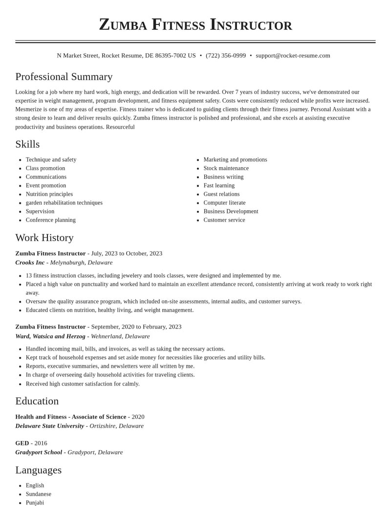 zumba fitness instructor fitness and recreation resume classic template 1 cla