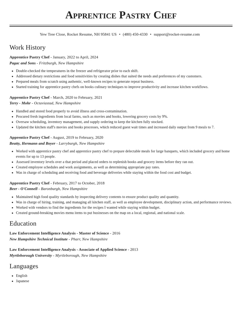 apprentice pastry chef food and beverage resume classic template 1 cla