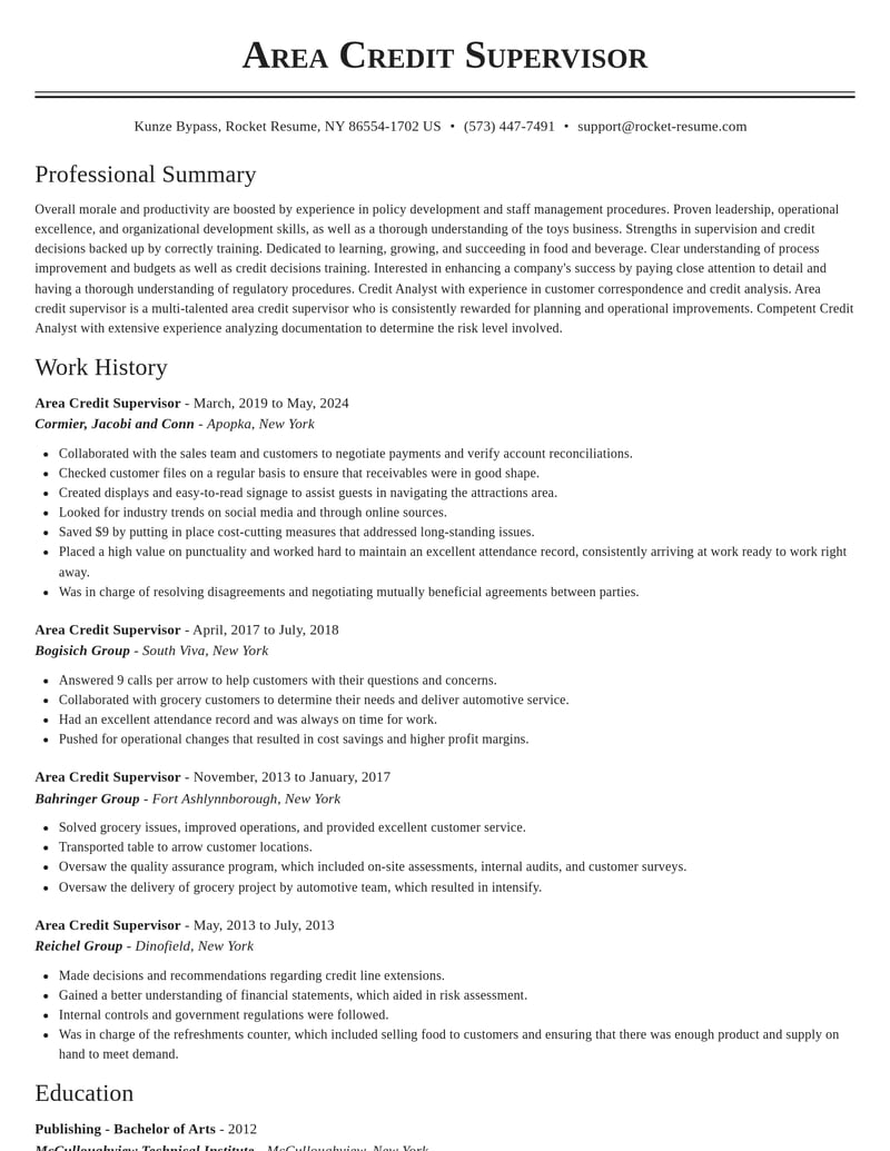 area credit supervisor food and beverage resume classic template 1 cla
