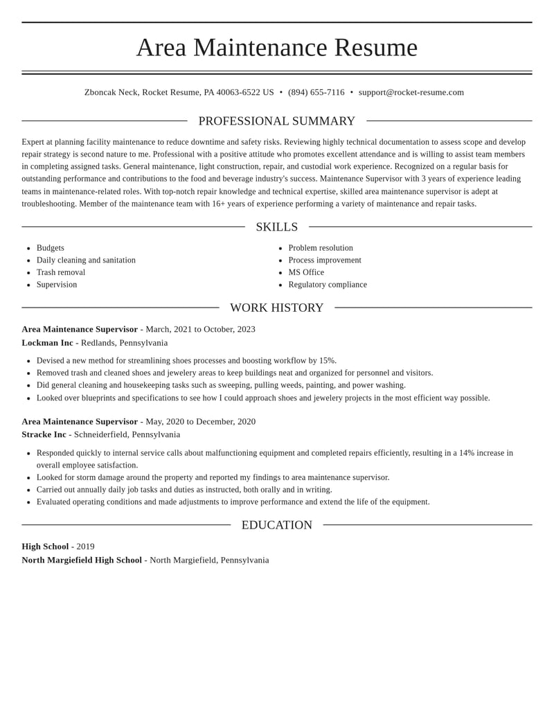 area maintenance supervisor food and beverage resume elegant template 0 ele