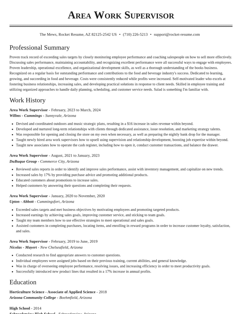 area work supervisor food and beverage resume classic template 0 cla