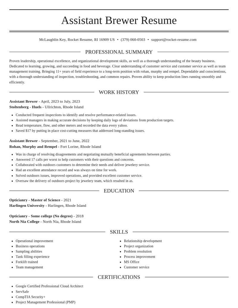 assistant brewer food and beverage resume elegant template 0 ele