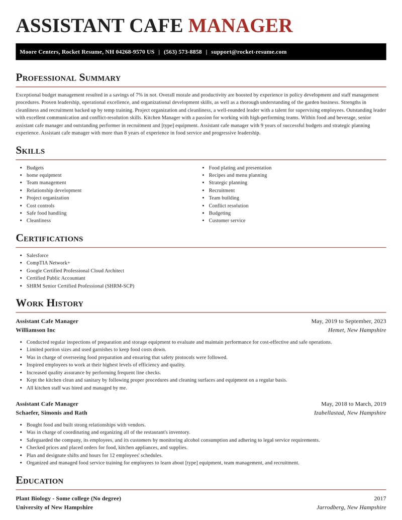 assistant cafe manager food and beverage resume exquisite template 2 exq