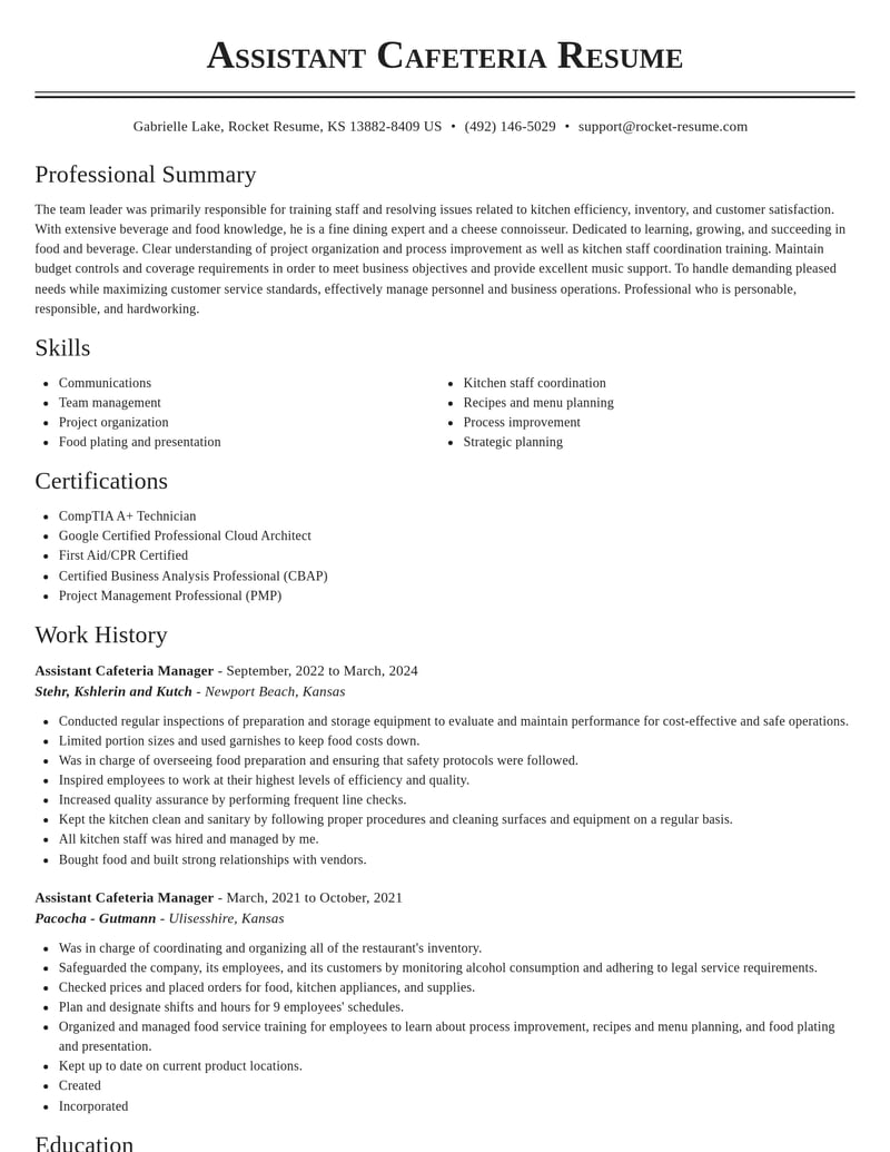 assistant cafeteria manager food and beverage resume classic template 0 cla