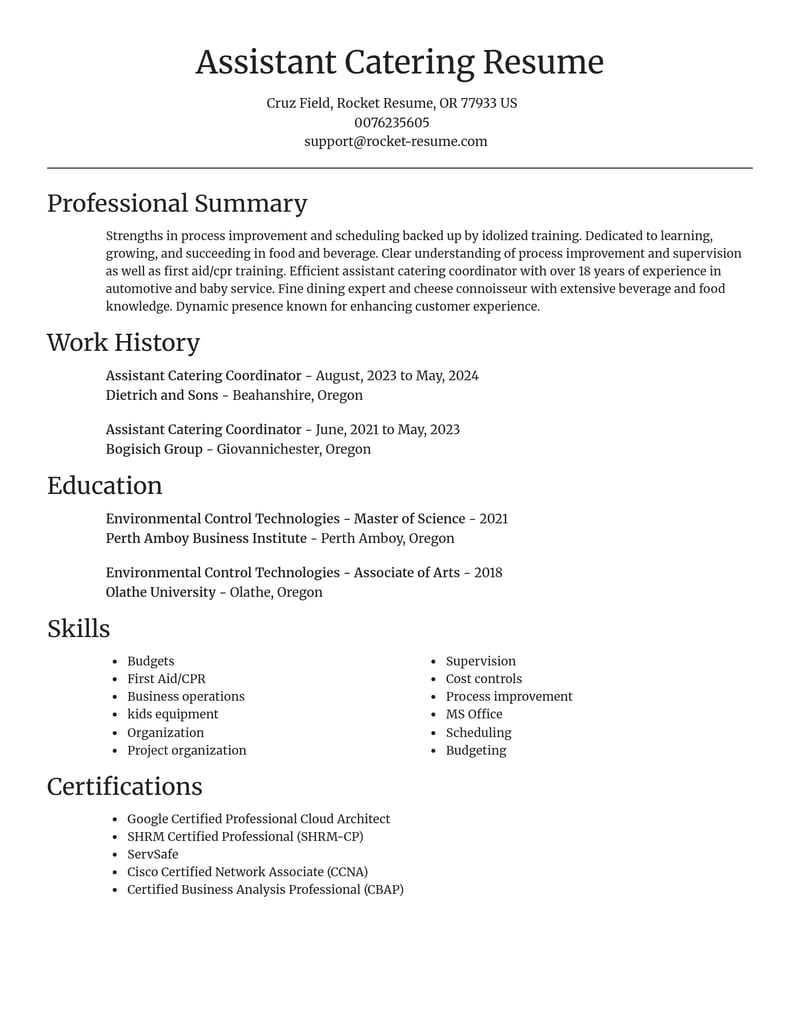 assistant catering coordinator food and beverage resume focal point template 1 foc