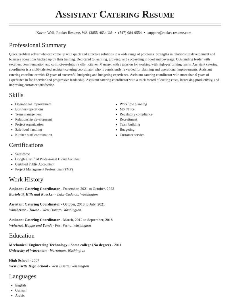 assistant catering coordinator food and beverage resume classic template 2 cla