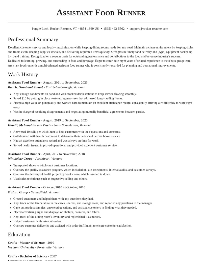 assistant food runner food and beverage resume classic template 0 cla