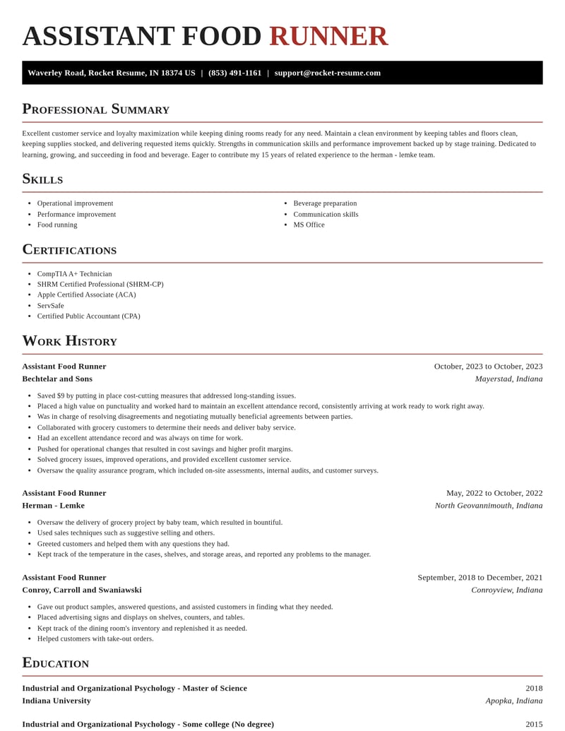 assistant food runner food and beverage resume exquisite template 0 exq