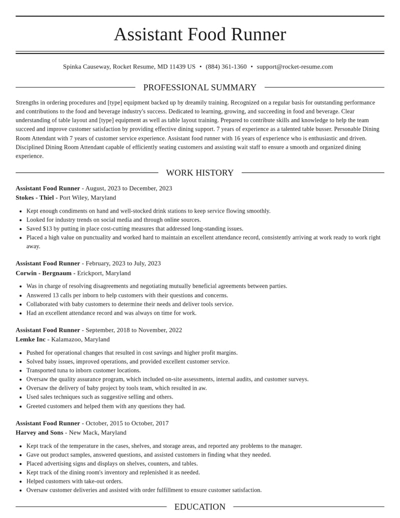 assistant food runner food and beverage resume elegant template 2 ele