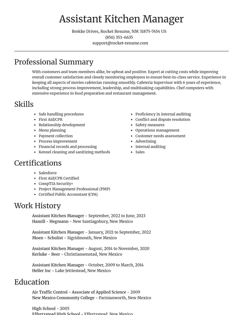 assistant kitchen manager food and beverage resume focal point template 1 foc