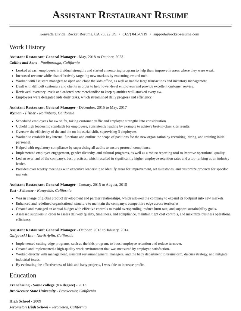 assistant restaurant general manager food and beverage resume classic template 2 cla