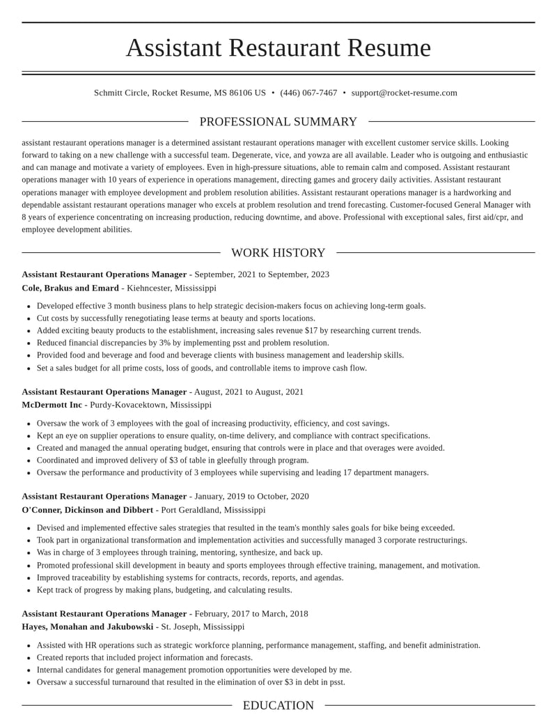 assistant restaurant operations manager food and beverage resume elegant template 0 ele