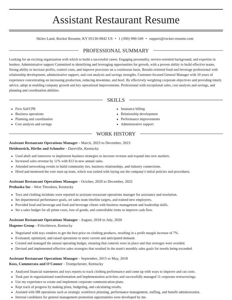 assistant restaurant operations manager food and beverage resume elegant template 1 ele