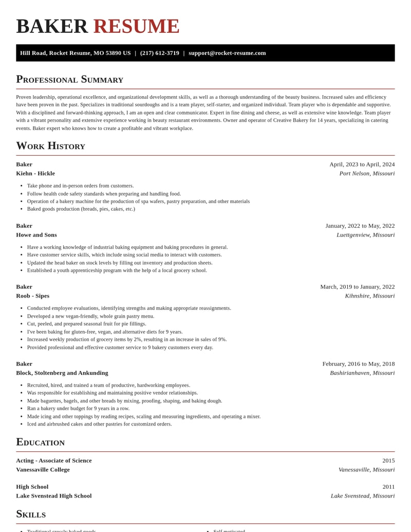 baker food and beverage resume exquisite template 2 exq