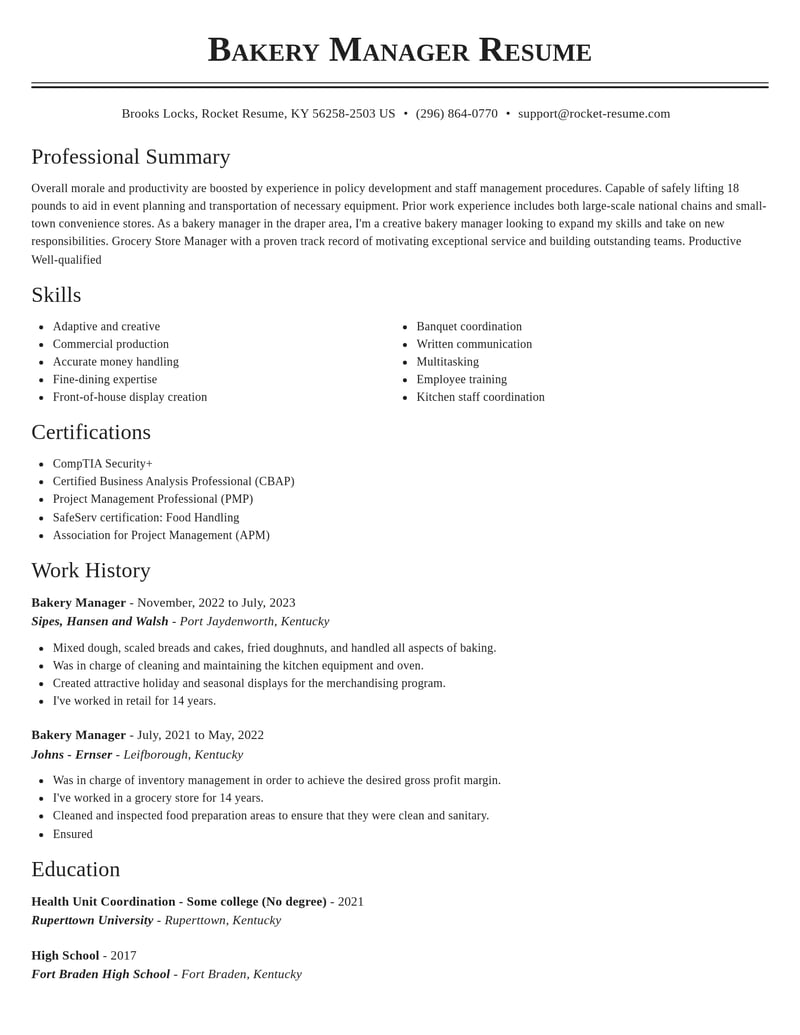 bakery manager food and beverage resume classic template 0 cla