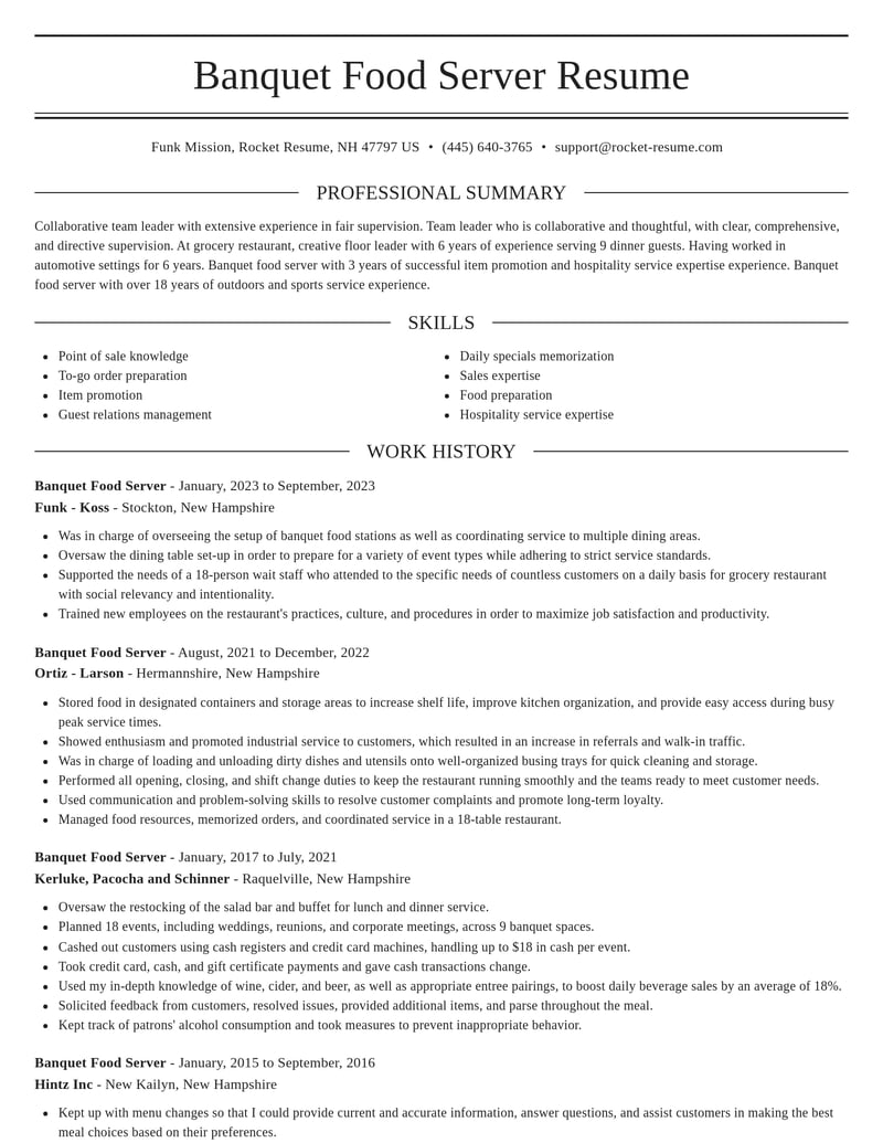 banquet food server food and beverage resume elegant template 0 ele
