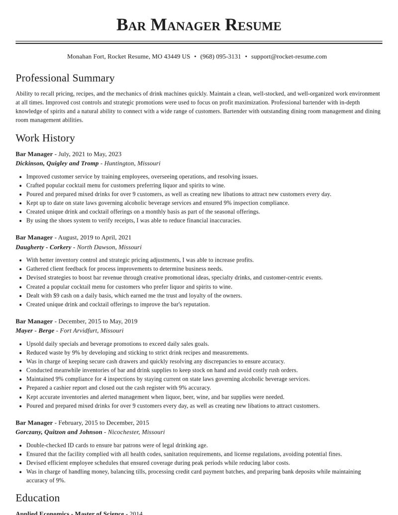 bar manager food and beverage resume classic template 2 cla