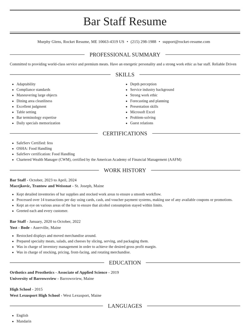 bar staff food and beverage resume elegant template 0 ele
