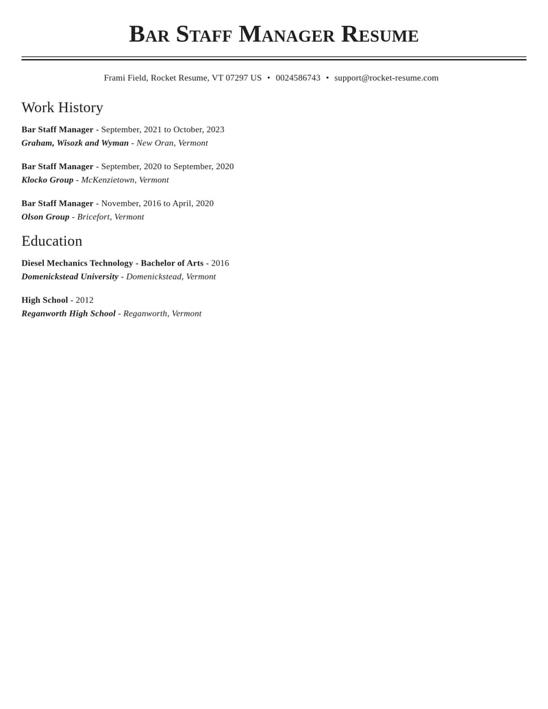 bar staff manager food and beverage resume classic template 2 cla