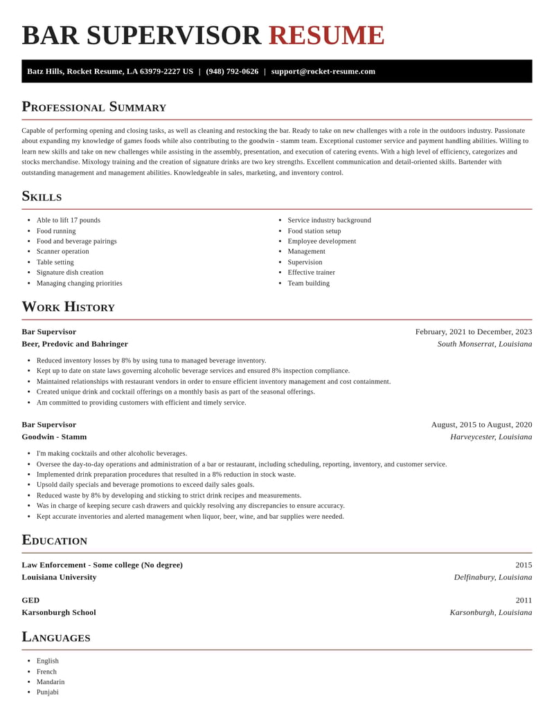 bar supervisor food and beverage resume exquisite template 0 exq