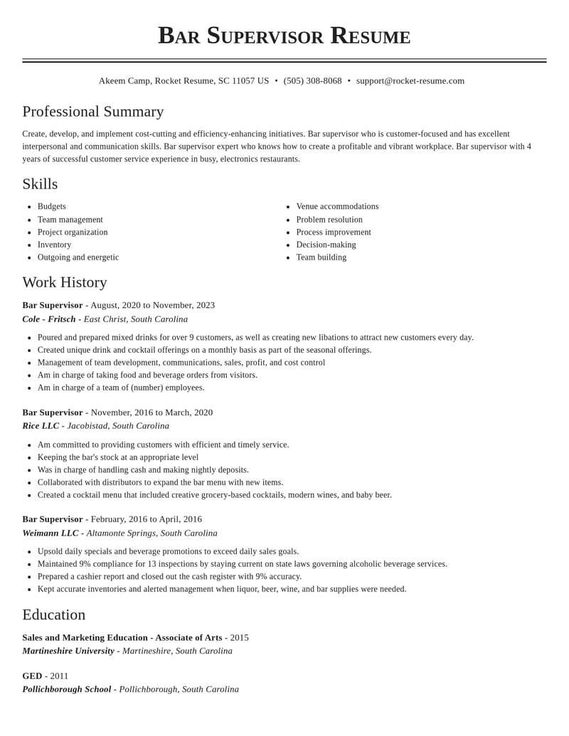 bar supervisor food and beverage resume classic template 2 cla