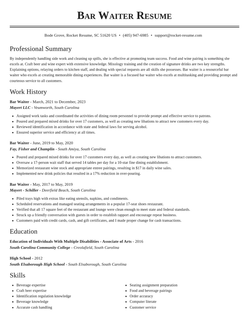 bar waiter food and beverage resume classic template 2 cla