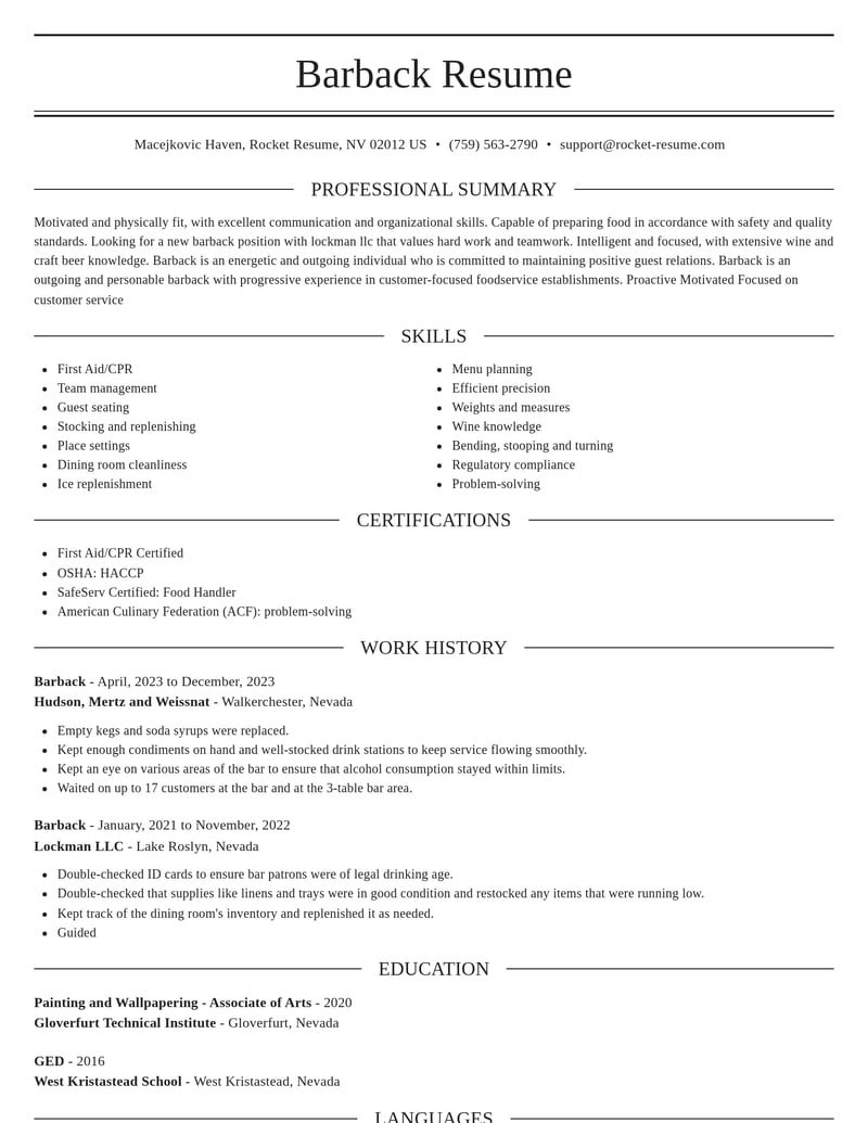 barback food and beverage resume elegant template 1 ele