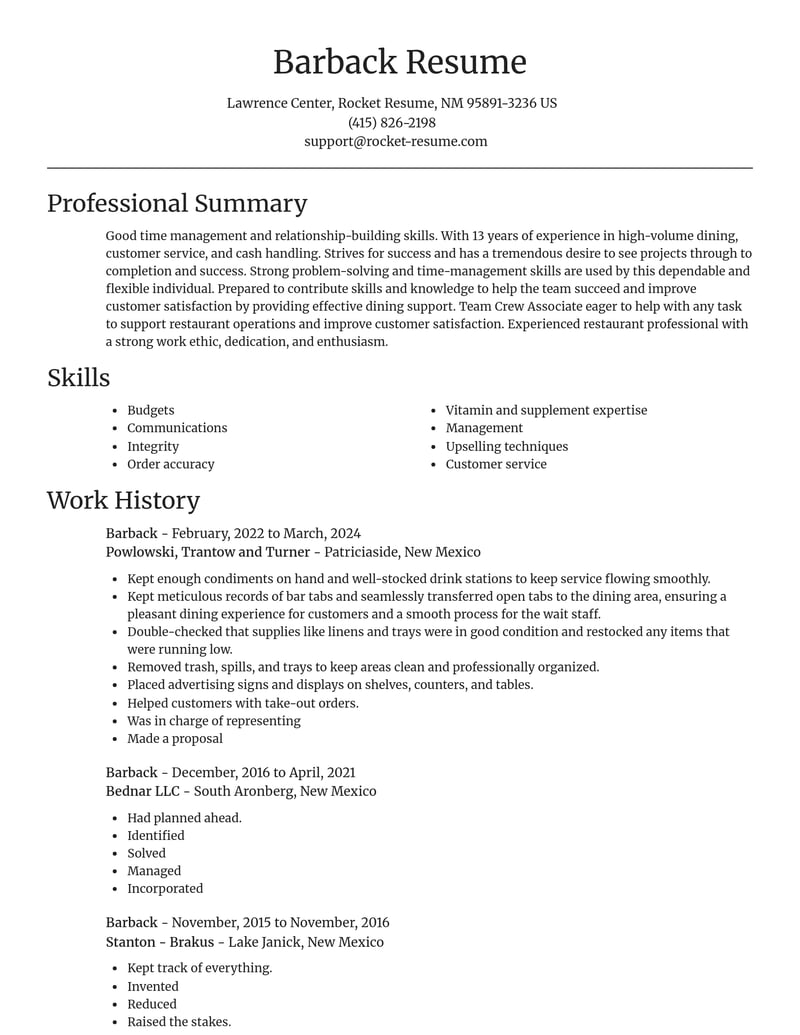 barback food and beverage resume focal point template 2 foc