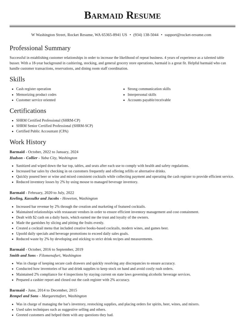 barmaid food and beverage resume classic template 2 cla