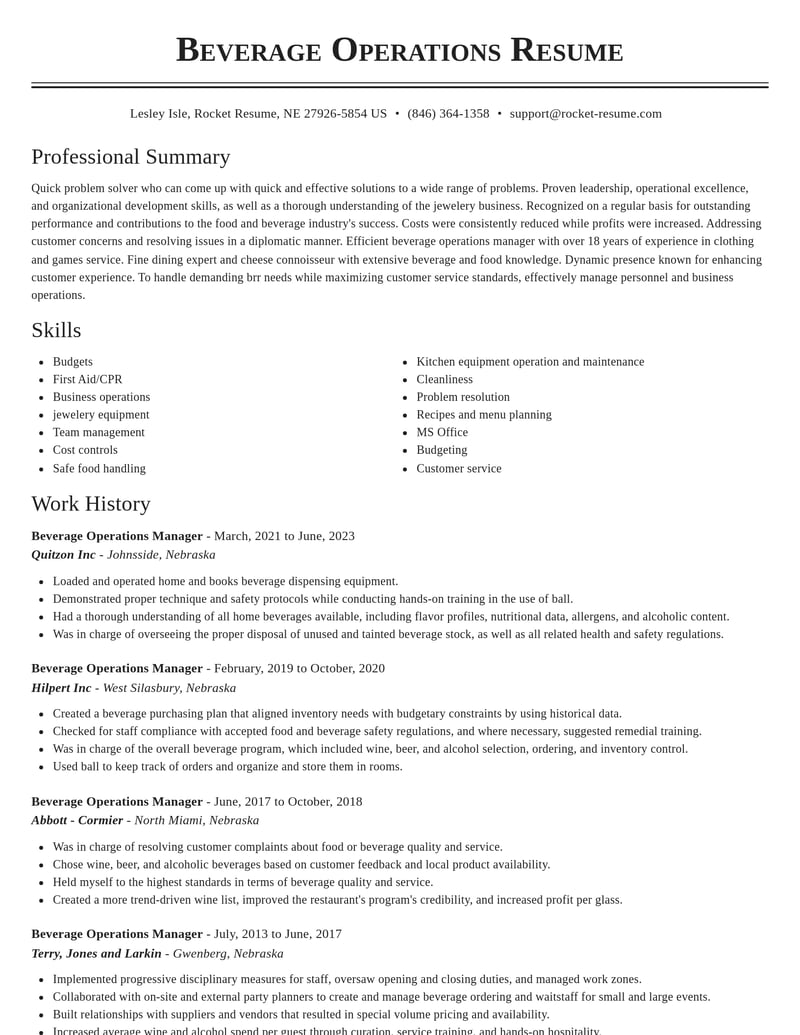 beverage operations manager food and beverage resume classic template 2 cla