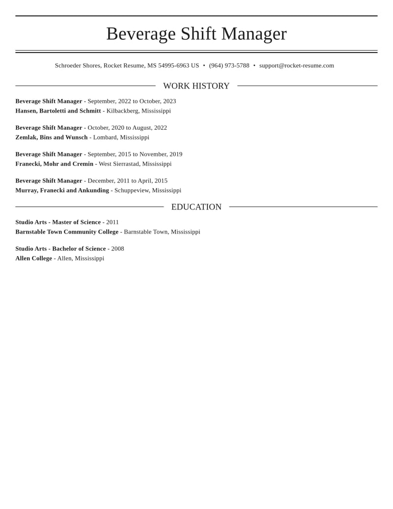 beverage shift manager food and beverage resume elegant template 1 ele