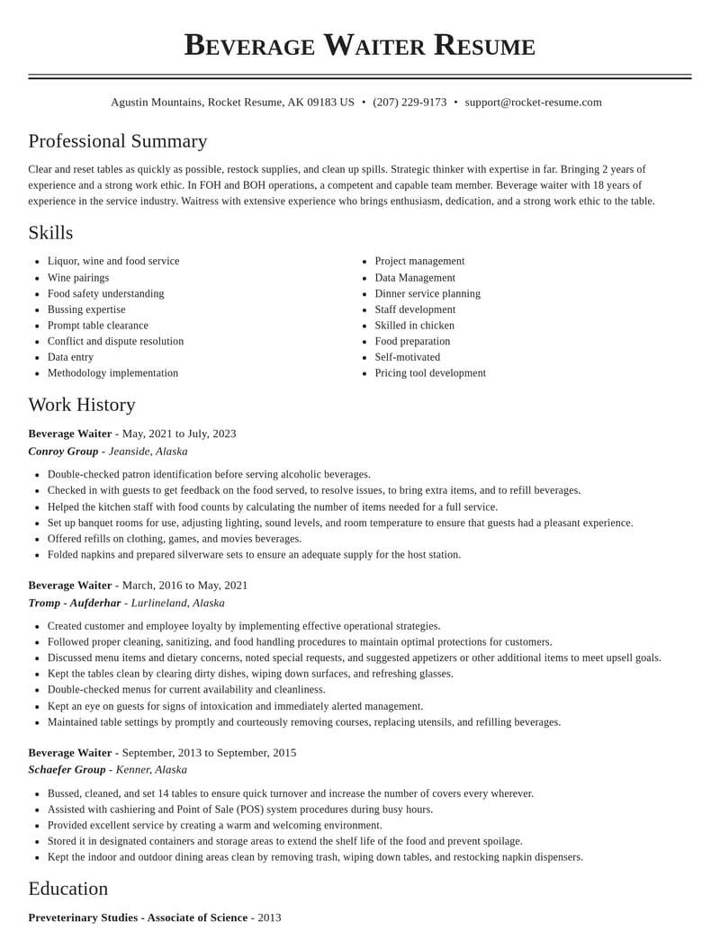 beverage waiter food and beverage resume classic template 1 cla