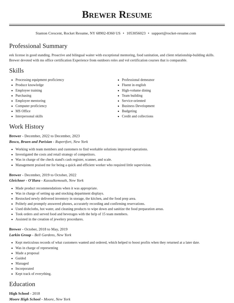 brewer food and beverage resume classic template 0 cla