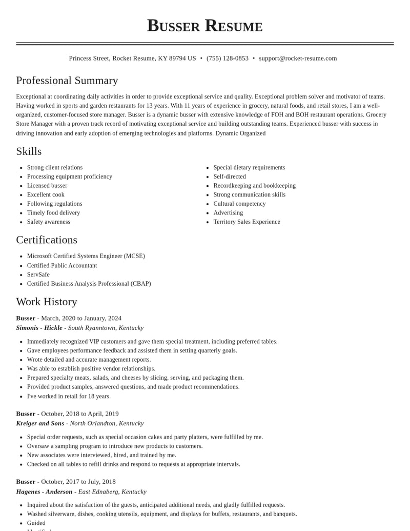 busser food and beverage resume classic template 1 cla
