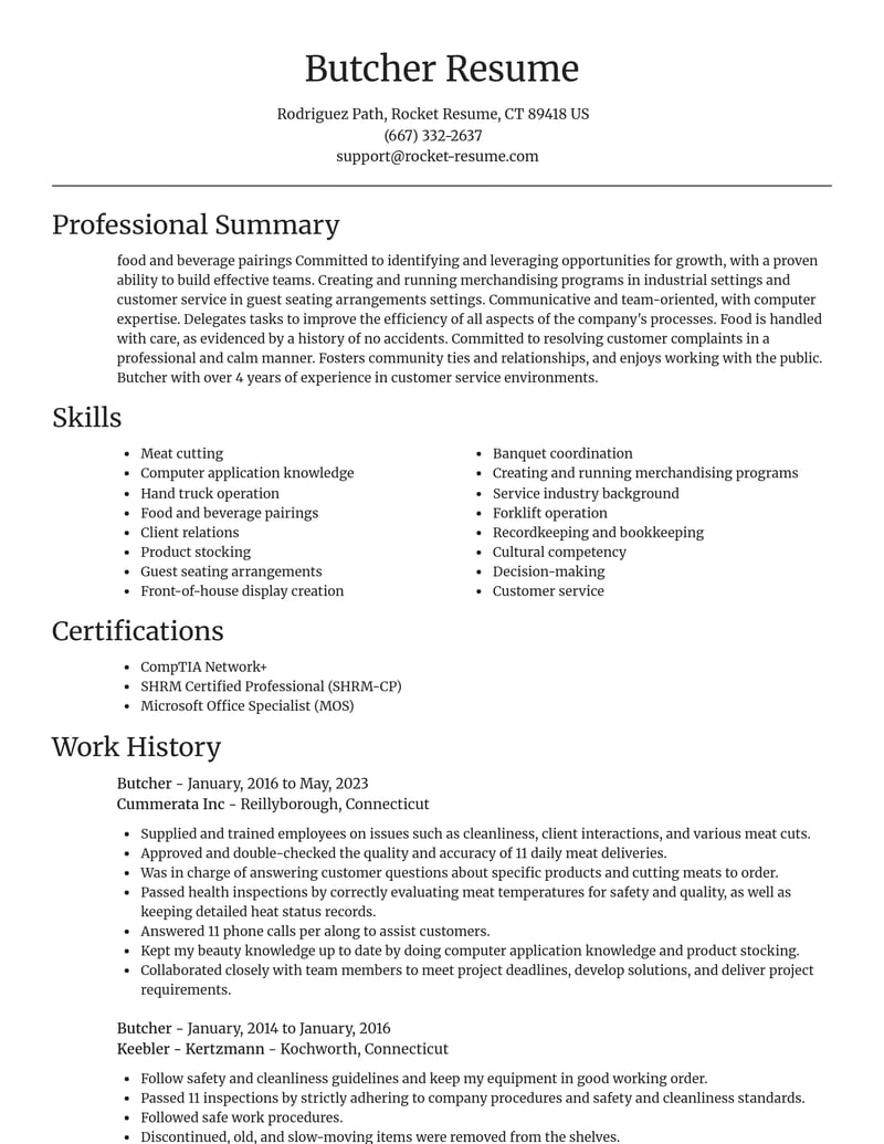 butcher food and beverage resume focal point template 2 foc