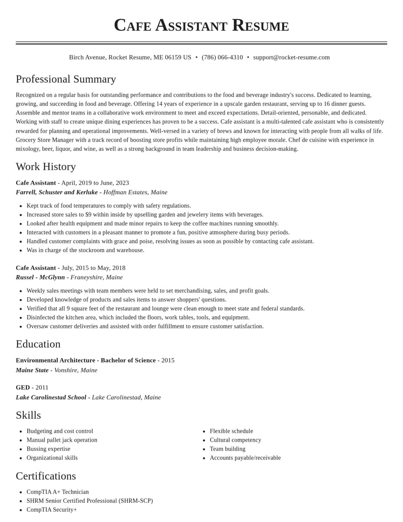 cafe assistant food and beverage resume classic template 0 cla